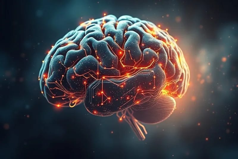 Un cerebro estilizado de circuitos y luz flotando en el espacio, con sutiles rasgos humanos emergiendo