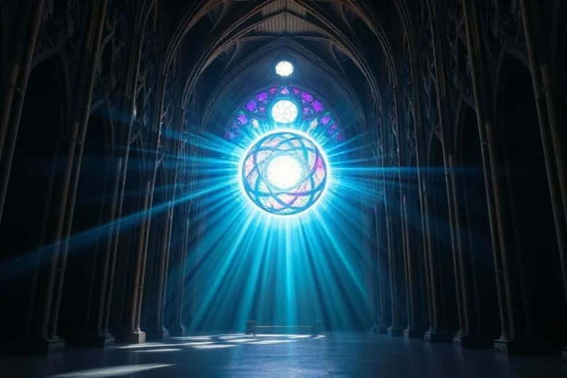 Representación abstracta de ondas de sonido y luz entrelazadas, formando patrones vibrantes y coloridos, con sutiles formas angélicas fusionadas en la energía.