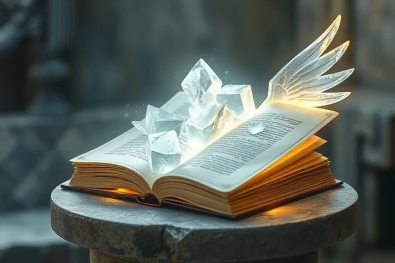 Detalle macro de una estructura cristalina brillante, con patrones de luz que sugieren alas etéreas, simbolizando la esencia divina en la creación.
