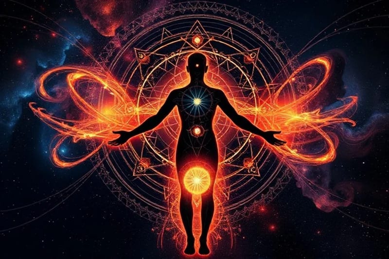 Abstract digital painting showing human energy centers connected to swirling planetary orbits