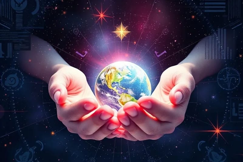 Watercolor illustration of hands holding a glowing planet, surrounded by stars