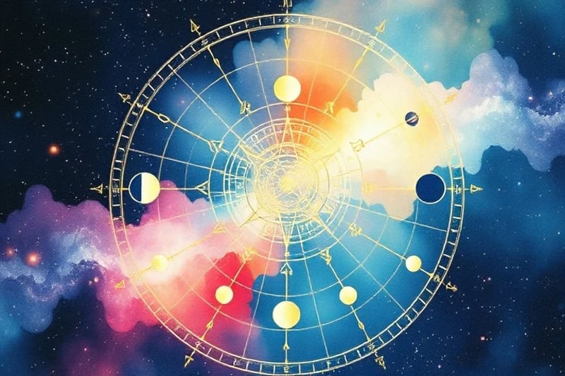Pintura acuarela abstracta de chakras y símbolos planetarios influyendo en el cuerpo energético.