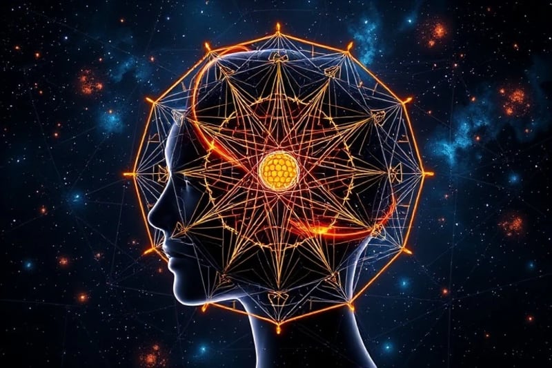 Render 3D de una red neuronal conectada a una proyección holográfica del sistema solar, representando la optimización cognitiva.