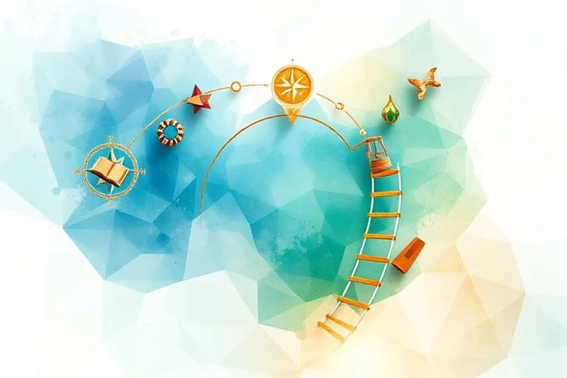 Abstract watercolor painting depicting multiple branching career paths with symbolic elements like a compass and an open book, under soft, blended colors.