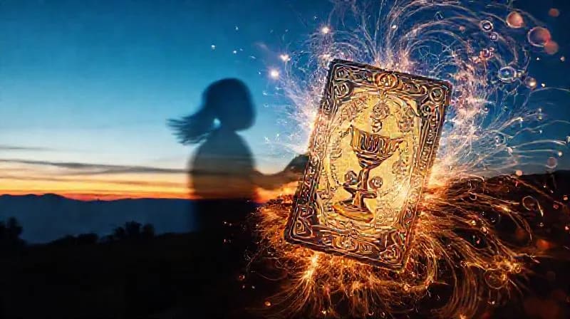 3D rendered Tarot card emerging from a vortex of light, blending traditional and modern career symbols, with a minimalist, futuristic background.
