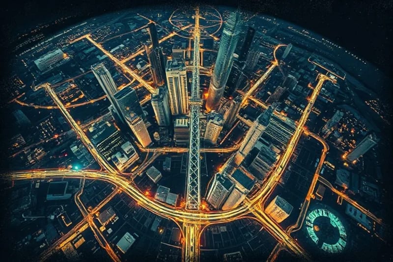 Mapa urbano estilizado con líneas de energía y datos superpuestos, representando el análisis de flujos energéticos y patrones por IA.
