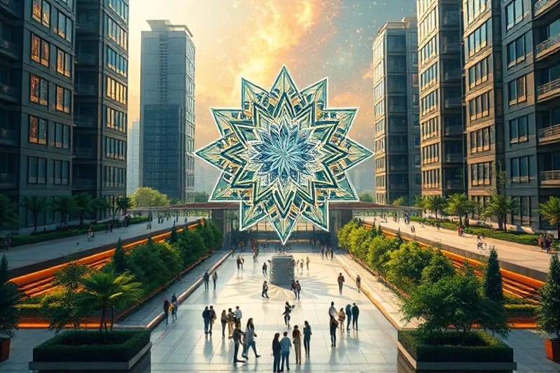 Espacio urbano verde y sereno con personas relajadas, integrado con sutiles patrones de energía, representando la armonía entre naturaleza y tecnología.