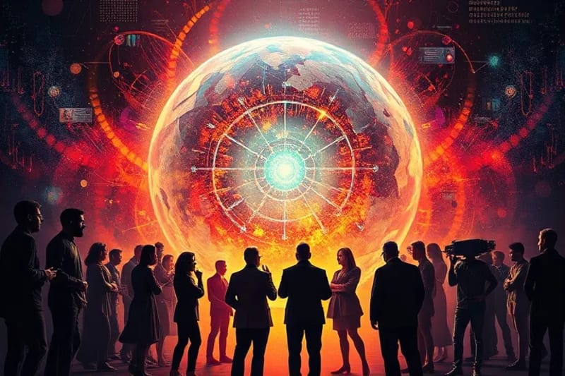 Oil painting depicting a dynamic debate among human silhouettes surrounding a glowing AI orb, symbolizing the ethical and philosophical discussions.