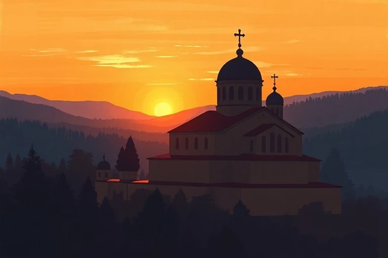 Monasterio antiguo en un paisaje sereno al atardecer, rodeado de bosque