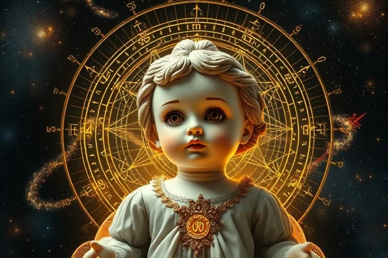 Digital painting of astrological symbols intricately mending a delicate, cracked porcelain doll, symbolizing the inner child's healing process through cosmic energies.