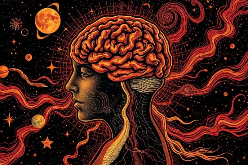 Representación artística digital de la mente y el cuerpo conectados a un cosmos energético, simbolizando la optimización personal a través de la astrología.