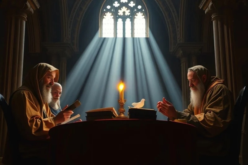 Grupo de Padres de la Iglesia en contemplación, con textos antiguos y una lámpara de aceite, simbolizando su búsqueda intelectual y espiritual.