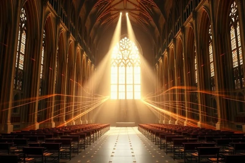 Representación abstracta de eventos globales y guía espiritual, con motivos religiosos sutiles, en estilo vectorial moderno.
