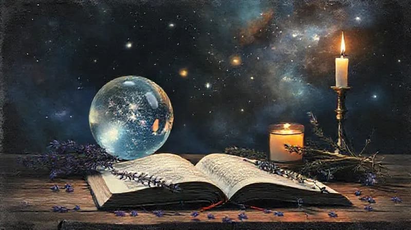 Bodegón de elementos esotéricos: un orbe de cristal, una vela encendida, un diario abierto y hierbas aromáticas, todo bajo una luz mística.