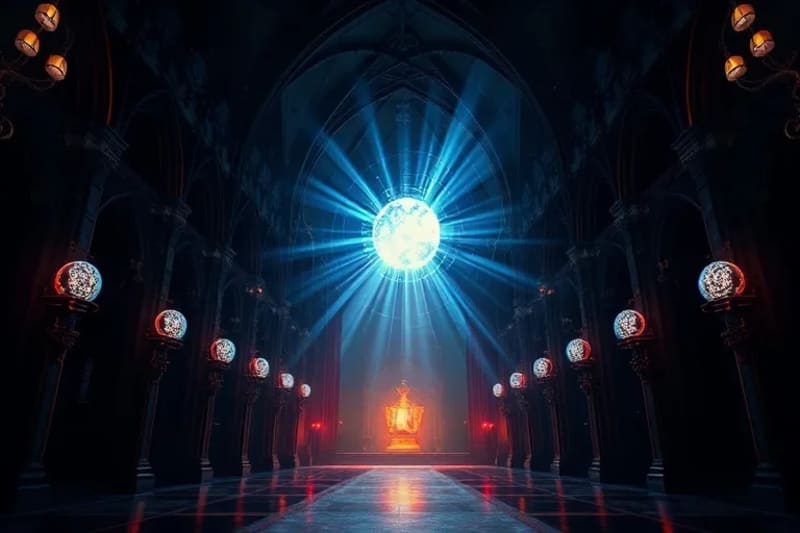Representación abstracta de la conciencia emergiendo de una red de datos y luz, con esferas de energía y símbolos espirituales.