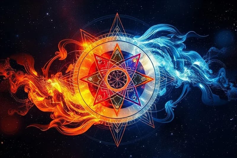 Intertwined energy forms, warm and cool, with subtle astrological symbols, representing dynamic relationship energies