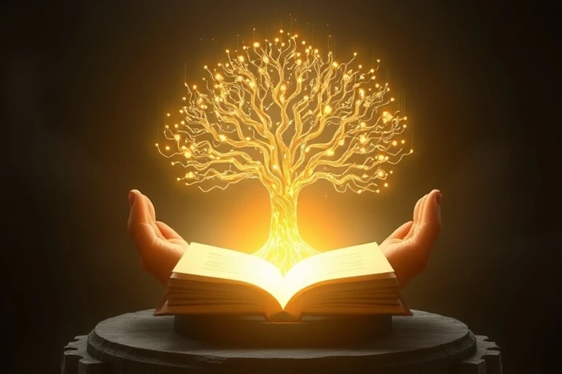 Manos humanas translúcidas sosteniendo una placa de circuito que se transforma en un árbol de la vida, simbolizando la ética en la fusión de tecnología y espiritualidad.