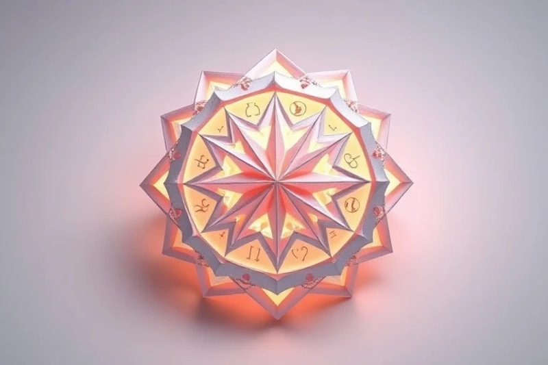 Stylized crystalline structure radiating energetic pulses, linked by invisible forces, representing non-local influence