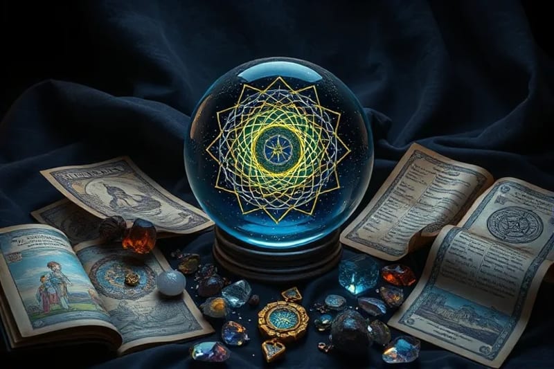 Conceptual still-life with a crystal ball reflecting geometric patterns, surrounded by tarot cards and ancient texts.