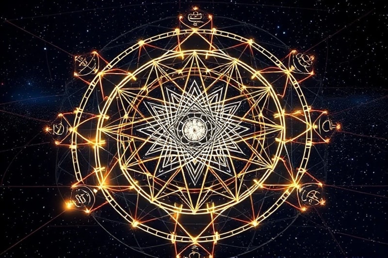 Abstract 3D render of glowing lines forming a cosmic web, integrating alchemical and astrological symbols.