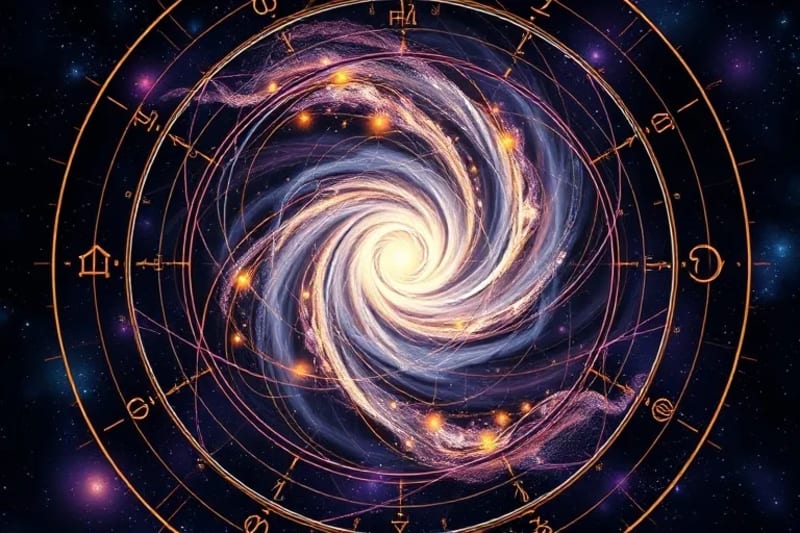 Representación abstracta de un vórtice oscuro y una nebulosa brillante entrelazadas