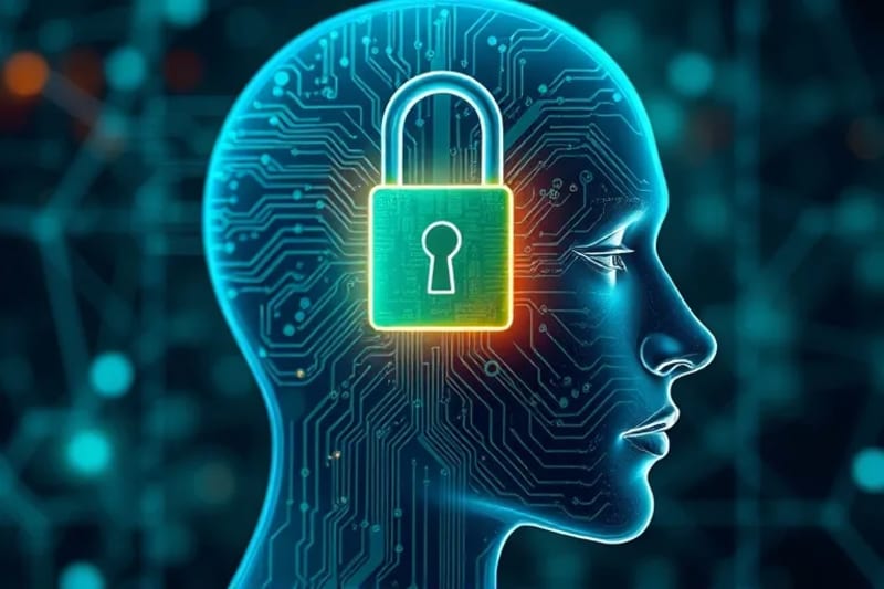 Perfil de cabeza humana translúcida con patrones de circuito y un candado de neón, simbolizando la privacidad mental