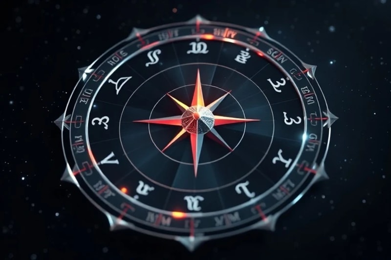 Representación 3D de una carta astral con el eje nodal iluminado y símbolos antiguos