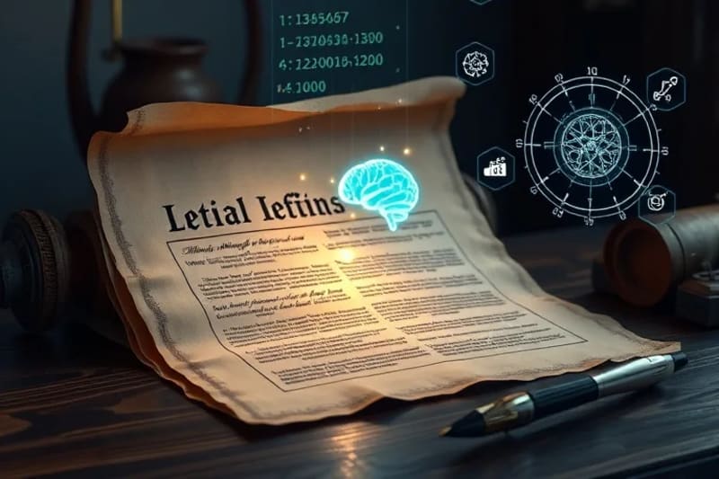 Pergamino legal antiguo con código digital y un cerebro metálico, simbolizando la fusión de ley y neuroética