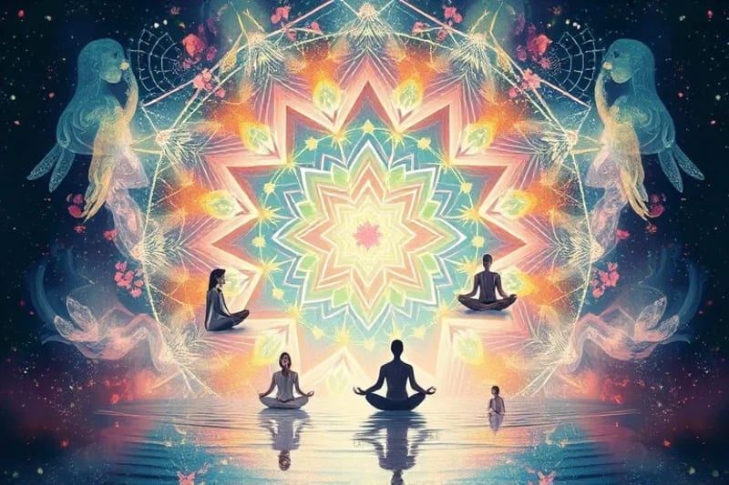 Watercolor painting of diverse abstract human figures meditating amidst swirling colors and natural elements like flowers and water, symbolizing inner peace.