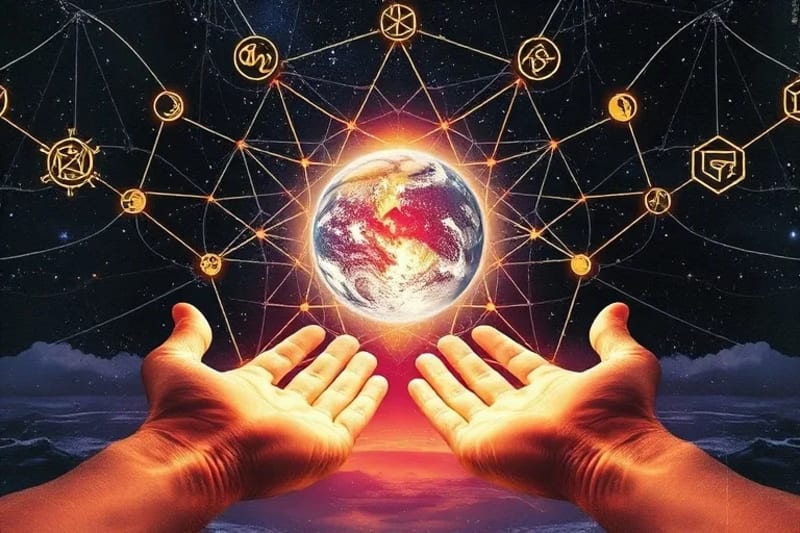 3D render of glowing geometric patterns emerging from abstract hands, forming a web connected to a crystalline Earth, symbolizing manifestation.