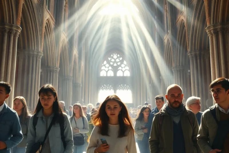Personas de la ciudad en un momento de paz entrando a una ermita urbana