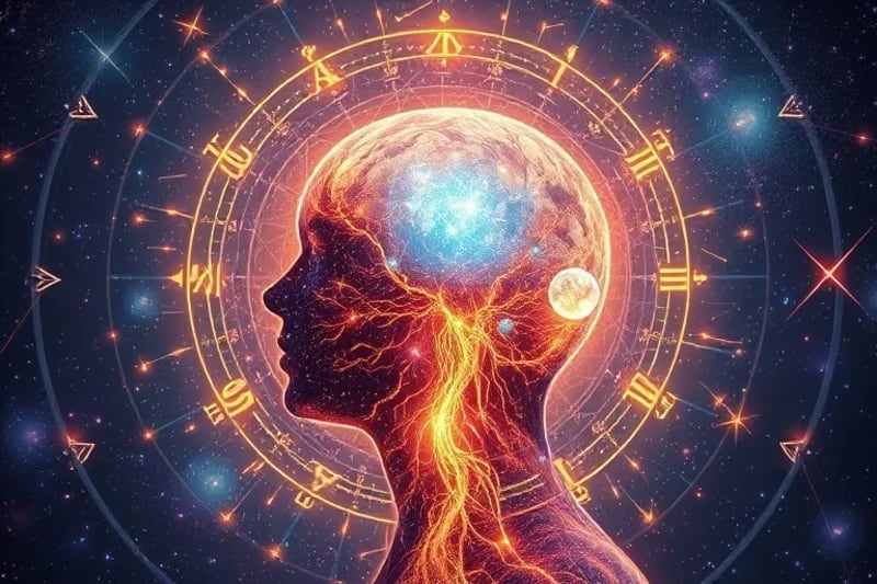 Representación artística de un aura humana interactuando con raíces luminosas y símbolos astrológicos.