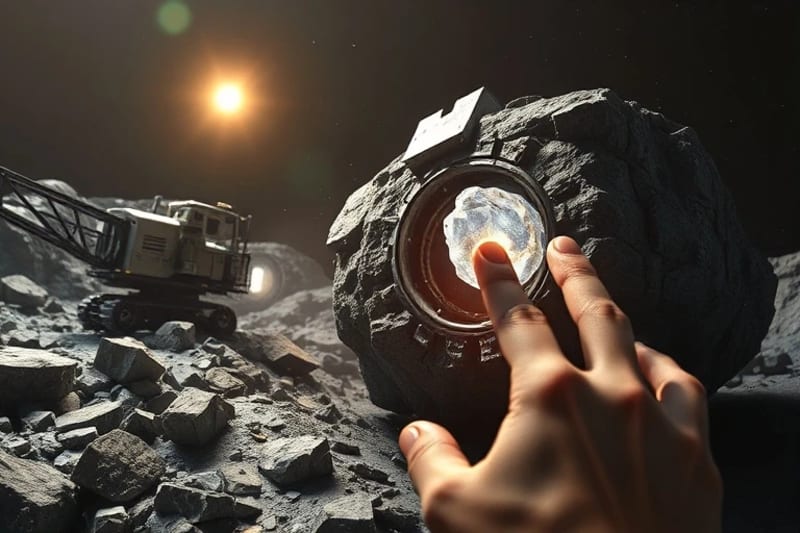 Robots mineros en un asteroide extrayendo minerales