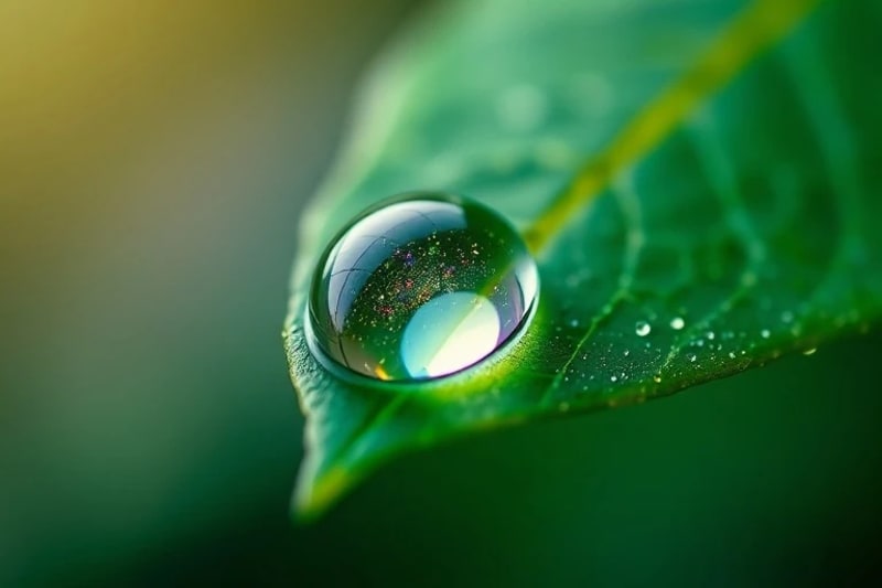 Primer plano de una gota de rocío en una hoja, reflejando una galaxia en miniatura.