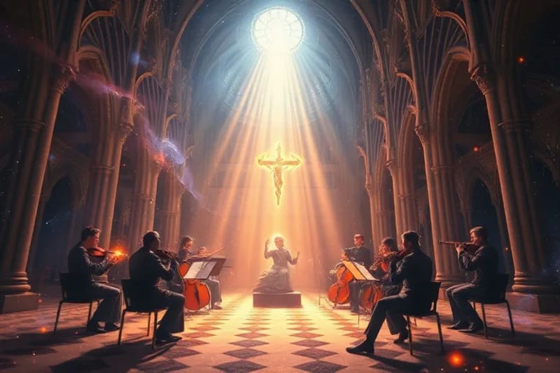 Pintura digital de una orquesta cósmica, con seres celestiales tocando instrumentos de luz estelar, y ondas sonoras vibrantes fluyendo por el espacio.