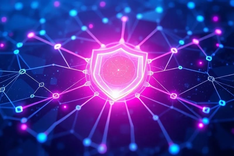 Stylized digital painting of a secure network shield deflecting digital threats with quantum particles.