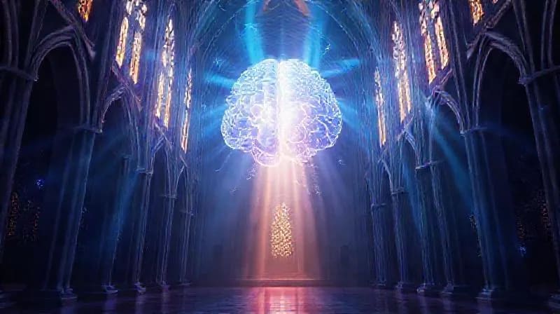 Representación abstracta de un cerebro humano con vías neuronales brillantes y patrones geométricos espirituales.