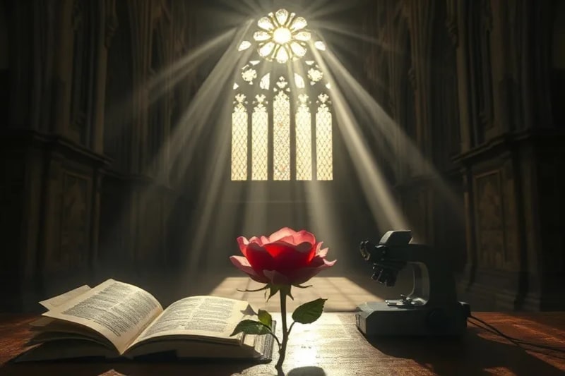 Naturaleza muerta conceptual con textos antiguos, instrumentos científicos y una rosa simbólica en luz etérea.