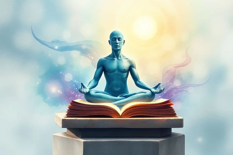 Representación abstracta de ondas sonoras en acuarela emanando de una figura meditativa, con colores suaves y líneas fluidas que evocan paz y armonía.