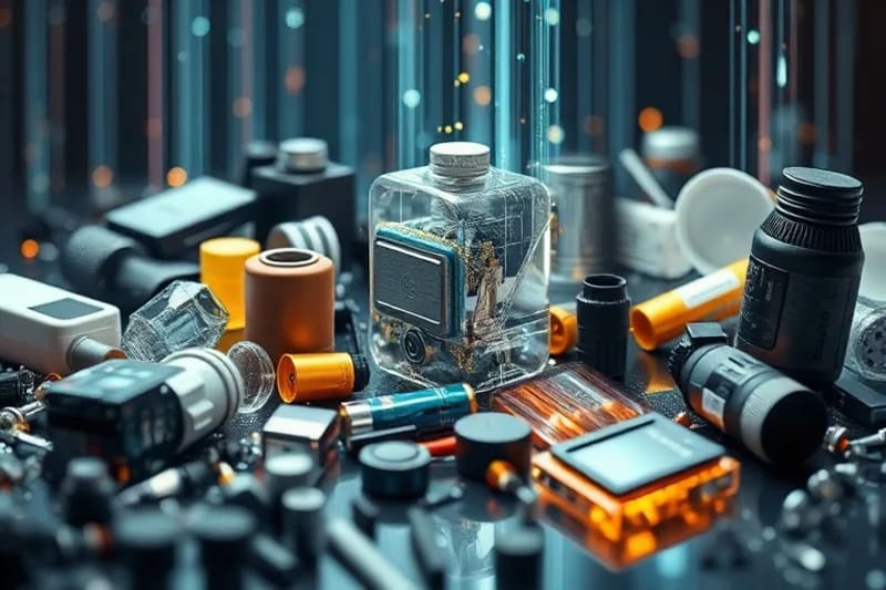 Detalle de materiales reciclados transformándose en nuevos productos, con enfoque en texturas y diseño