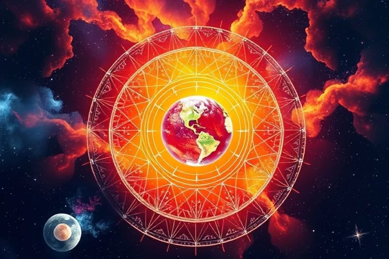 Diagrama ilustrativo de planetas en órbita y sus líneas de influencia hacia la Tierra, afectando símbolos meteorológicos como nubes de lluvia y sol.