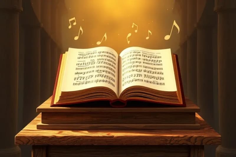 Manuscrito gregoriano antiguo abierto en un atril de madera, rodeado de luz etérea y notas musicales flotando, simbolizando sabiduría y curación.