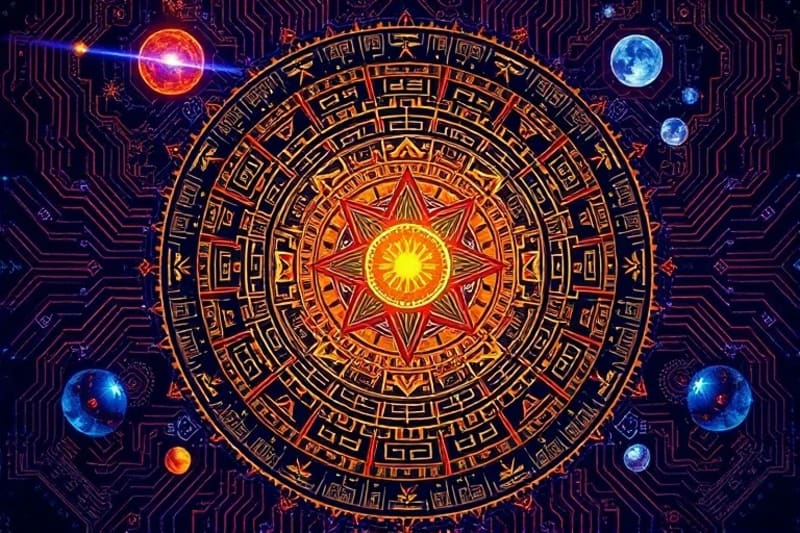 Stylized digital painting of the Aztec Sun Stone transforming into a circuit board, vibrant colors, dynamic energy, focus on symbolic elements.