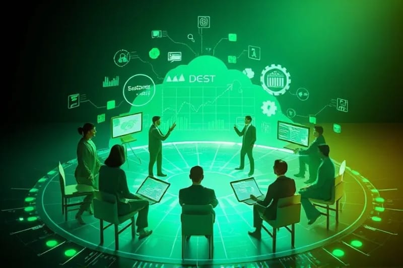 Ilustración de personas colaborando en un entorno de startup verde, rodeadas de gráficos y tecnología de optimización