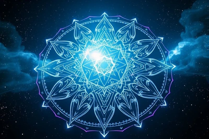 3D render of abstract geometric patterns inspired by Mayan cosmology and AI algorithms, forming a holographic projection with floating glyphs and binary code.