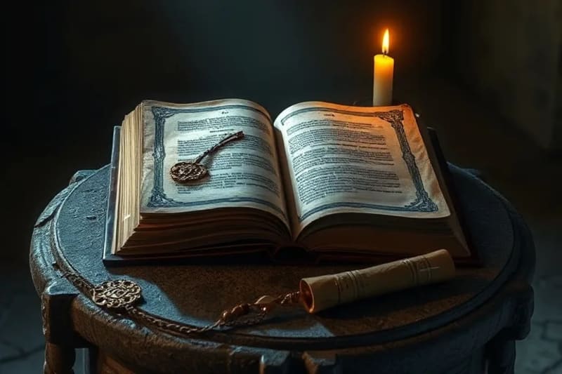 Libro antiguo abierto en un altar de piedra, con una vela encendida y rosarios, evocando devoción.