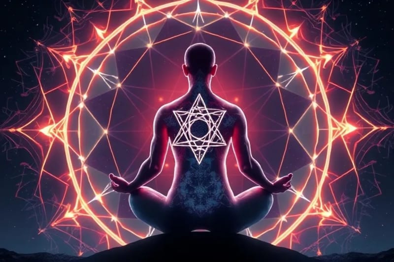 Meditating silhouette with geometric patterns