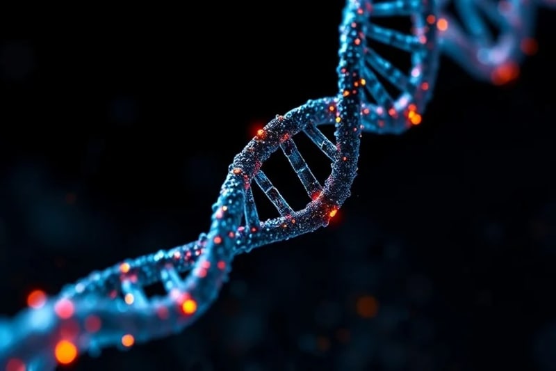 Doble hélice de ADN entrelazada con componentes tecnológicos