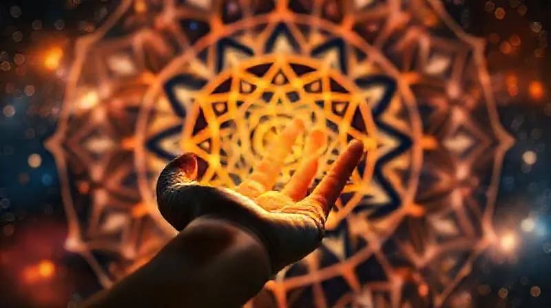 Mano estilizada tocando un portal translúcido que muestra una carta astral virtual, con un fondo abstracto de código y estrellas.
