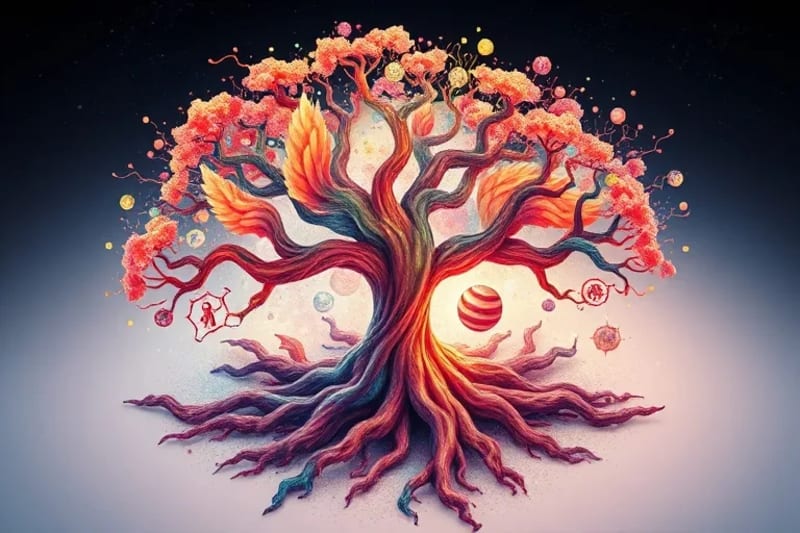 Abstract watercolor of intertwining roots and branches, symbolizing ancestral lineage and genetic connections, with subtle human figures and cosmic elements.